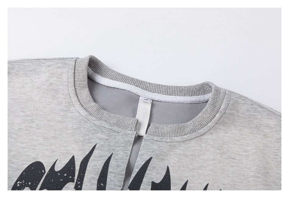 Close-up of the light gray pullover's ribbed crew neckline, short front opening, and partial black print.