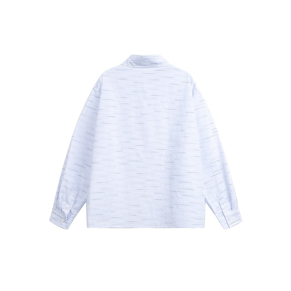 Back view of a white long-sleeve shirt with fine blue horizontal stripes and buttoned cuffs.