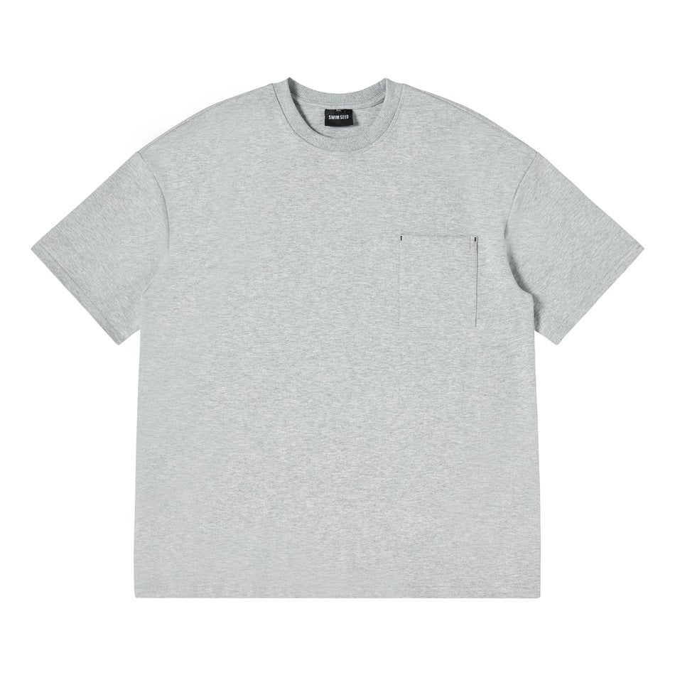 Heather gray short-sleeve crew-neck T-shirt with chest patch pocket, flat front view