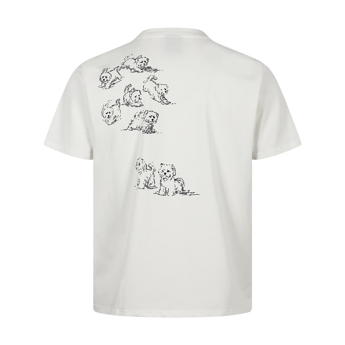 Back view of a white short-sleeve T-shirt with black sketches of dogs across the upper back.