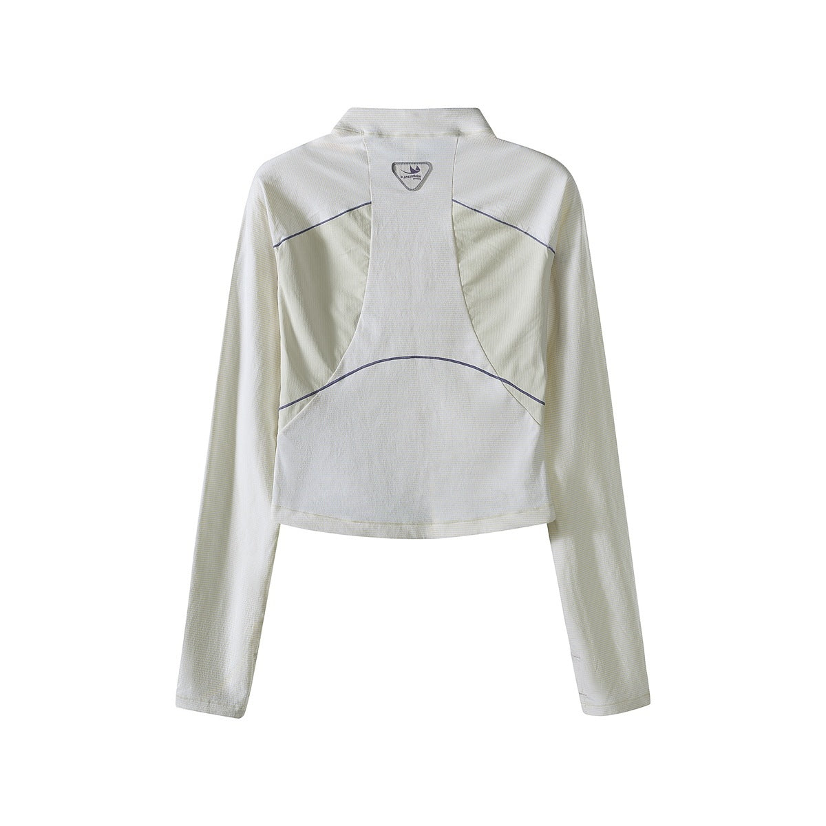 Back view of an ivory cropped long-sleeve top with subtle pale panels and dark purple piping.