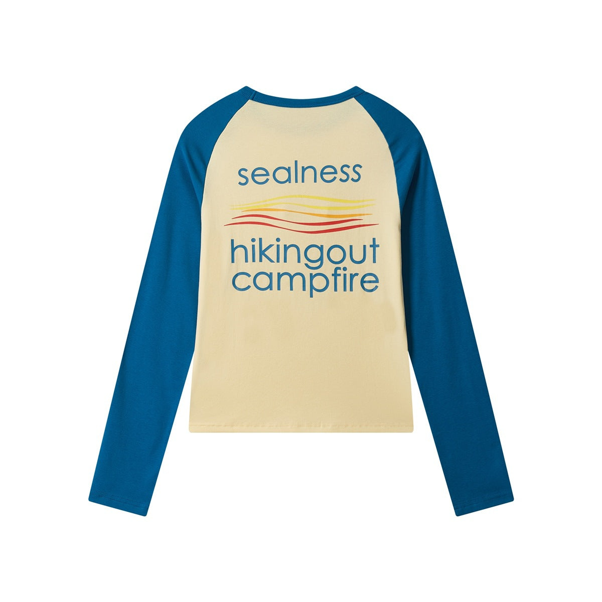 Back of cream long-sleeve raglan tee with blue sleeves and blue campfire wave graphic print