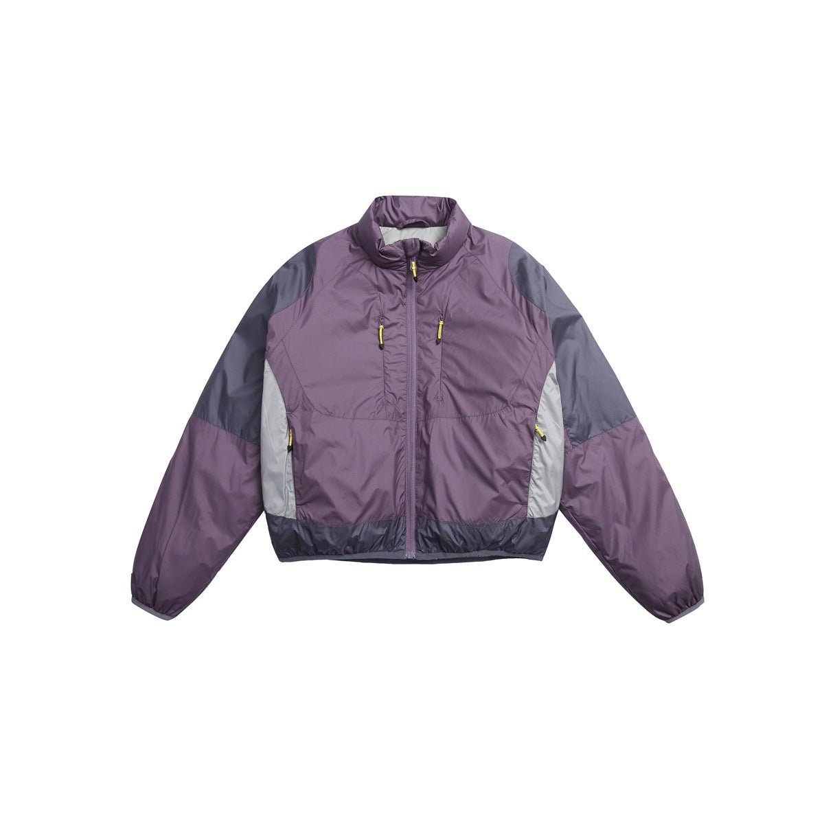 Purple stand-collar zip jacket with slate-blue shoulder and hem panels and light gray side panels, flat front view