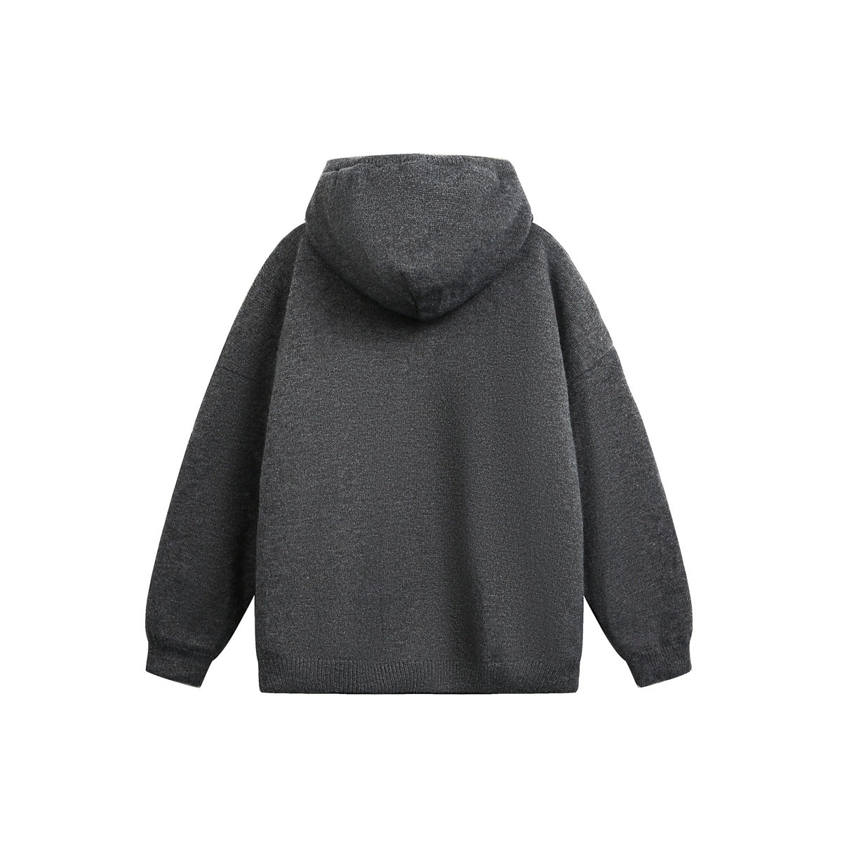 Back view of dark gray knit hooded jacket with drop shoulders and ribbed cuffs and hem