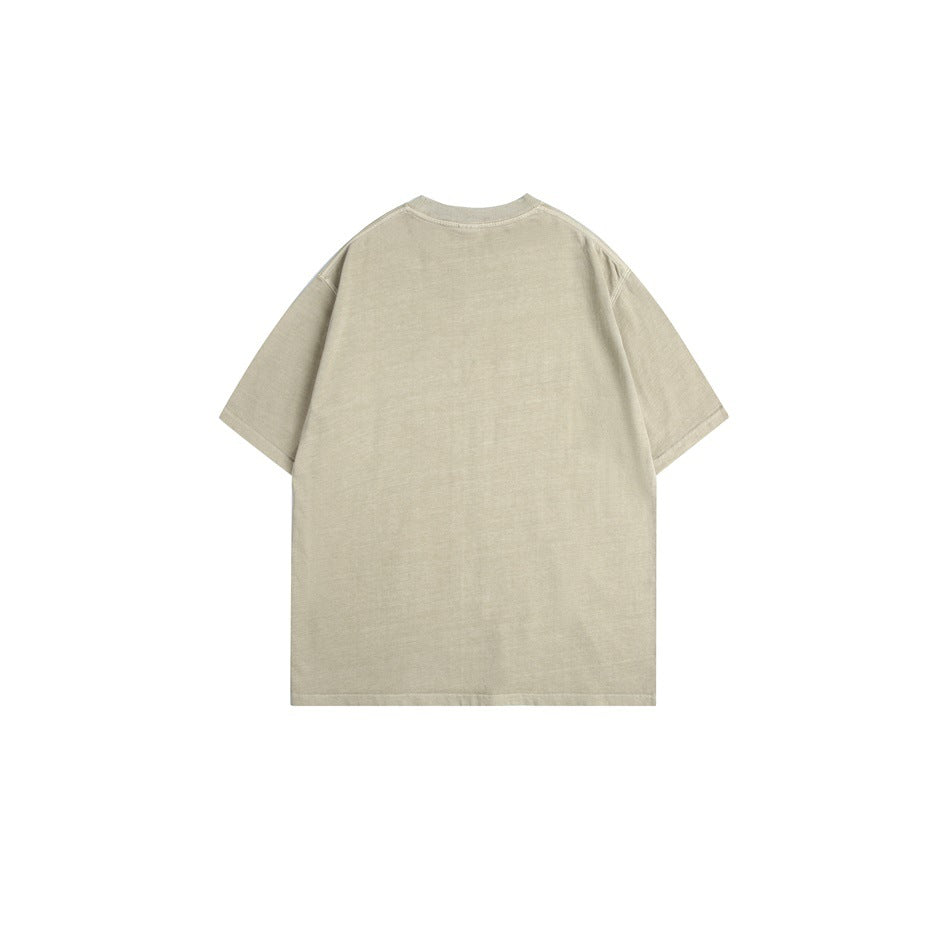 Back view of a plain light beige short-sleeve T-shirt.