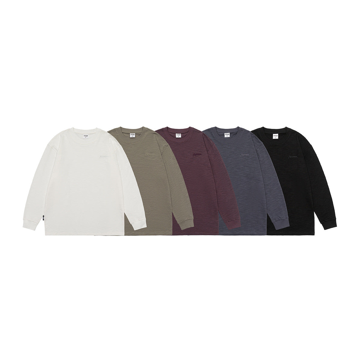 Five long-sleeve crewneck shirts shown together in white, olive gray, plum, slate blue, and black.