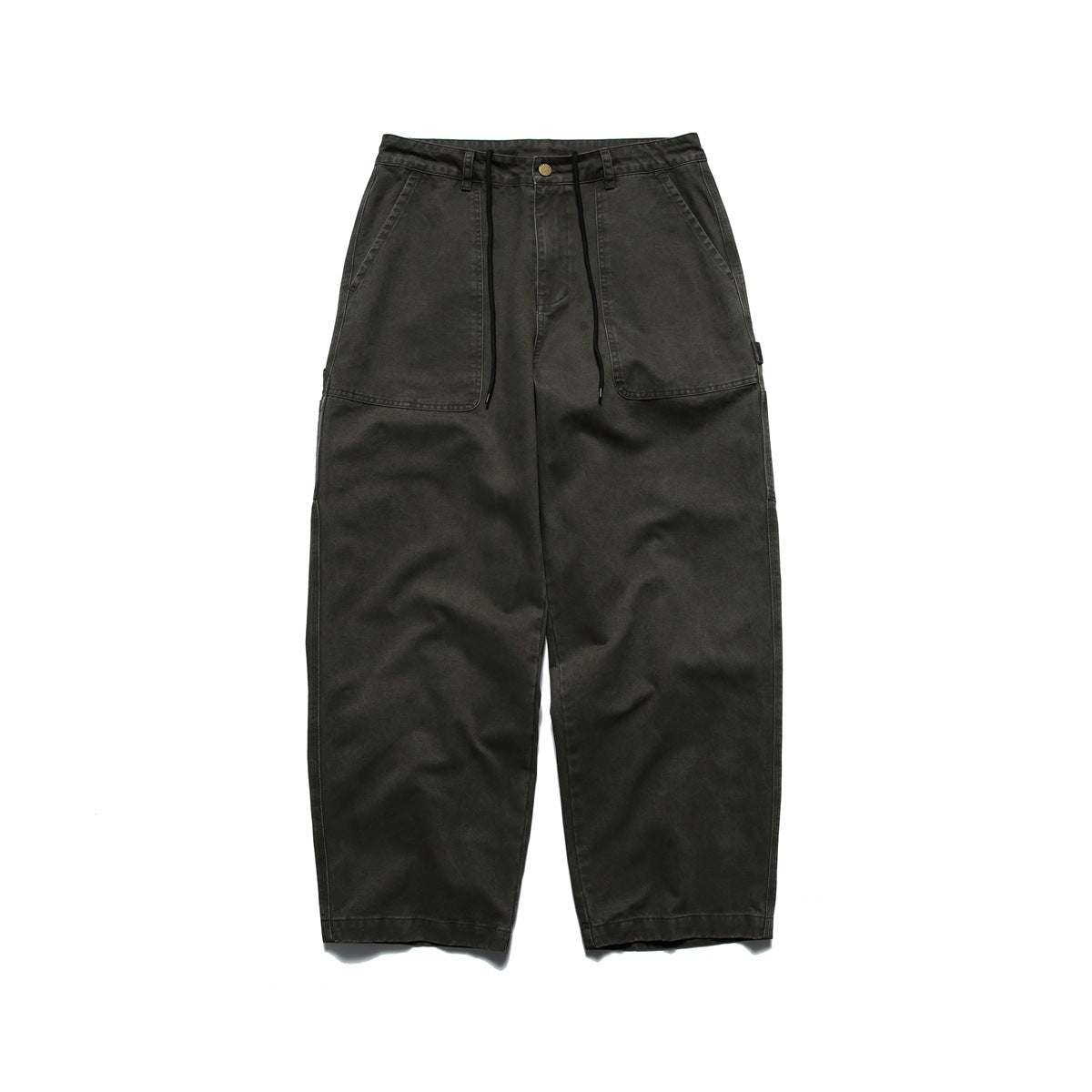Dark gray wide-leg work pants flat lay, front view with black drawstring and large front patch pockets