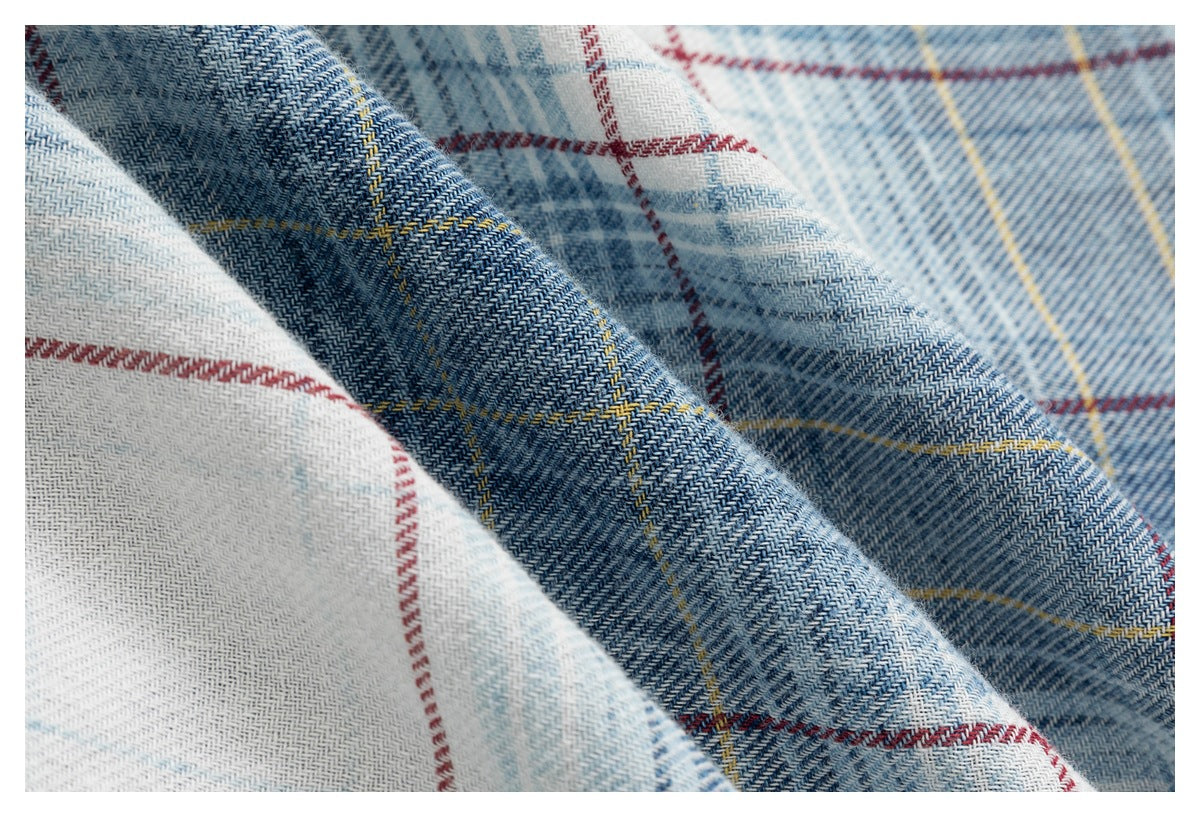 Close-up of folded blue, white, red, and yellow plaid fabric showing its woven texture.