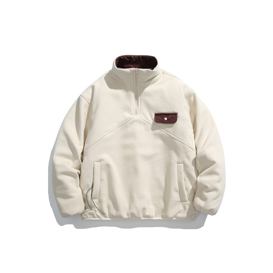 Cream half-zip fleece-like jacket with maroon collar lining and flap chest pocket, front view flat lay