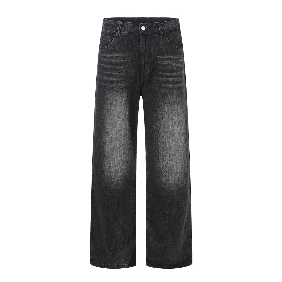 Front view of black-gray washed wide-leg jeans with whisker fading, button and zip fly, and belt loops
