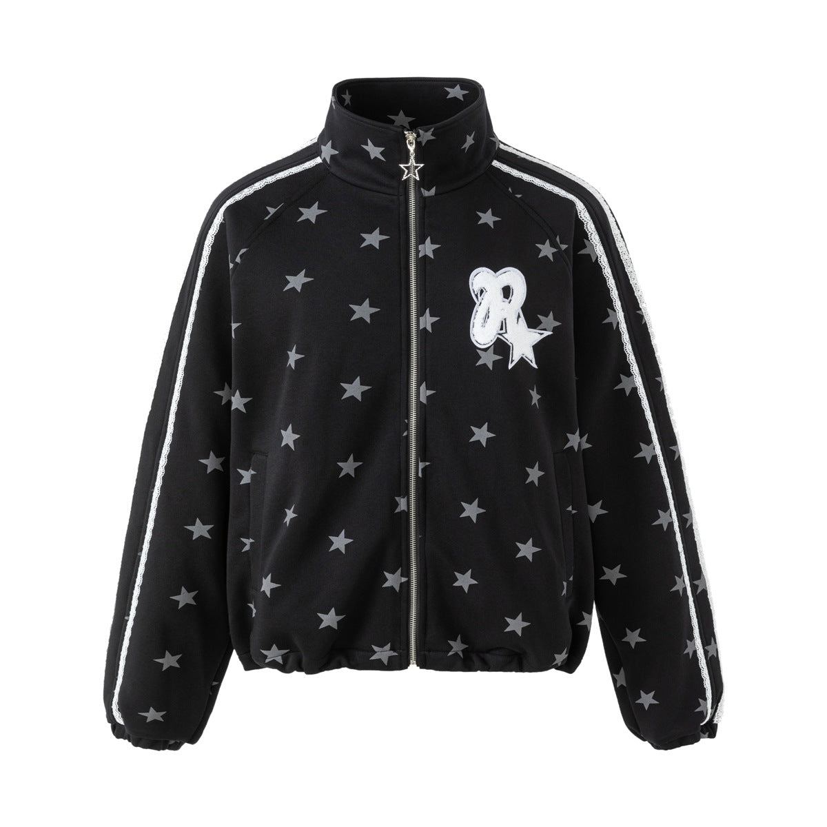 Black stand-collar zip jacket with gray star print, white lace sleeve trim and a white letter-and-star chest patch