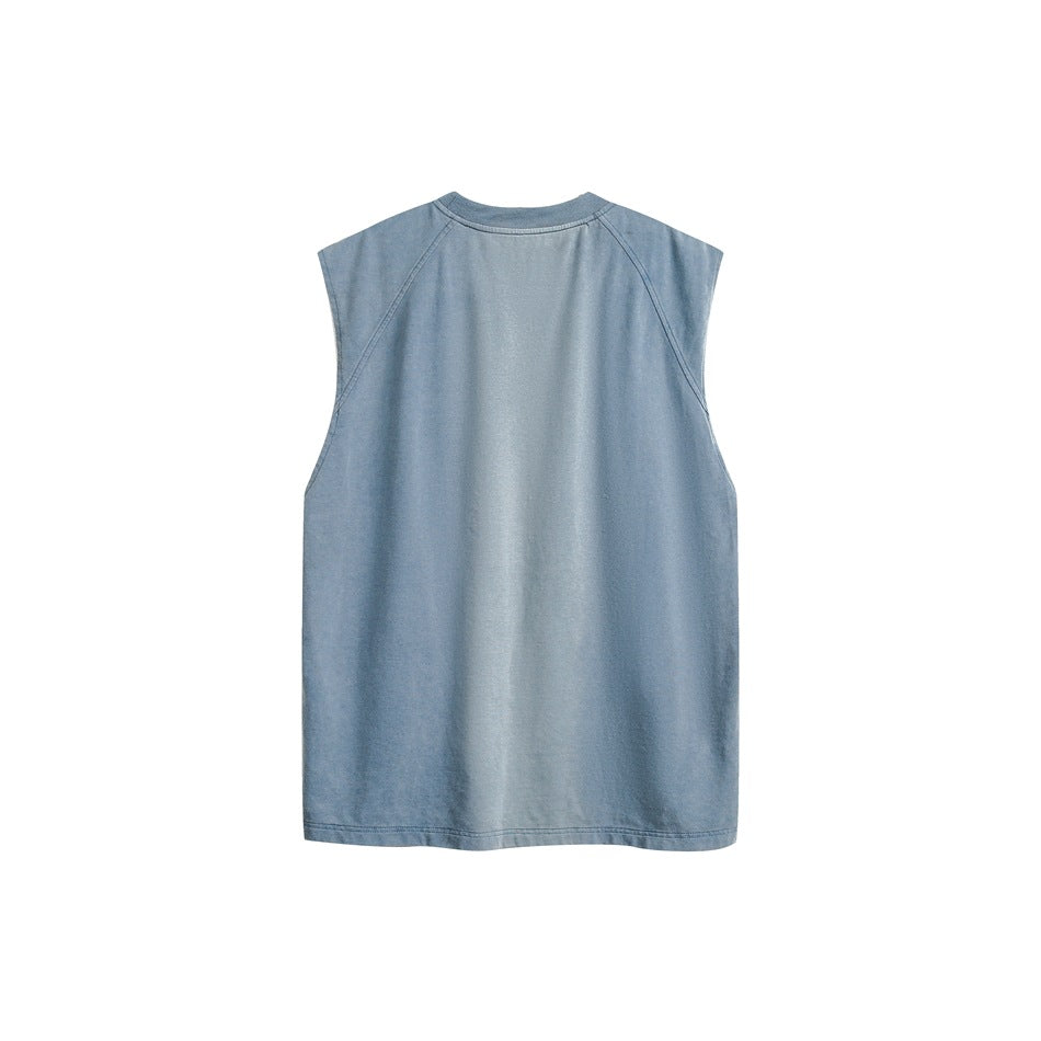 Back view of a faded blue sleeveless shirt laid flat, showing curved shoulder seams and a plain back.