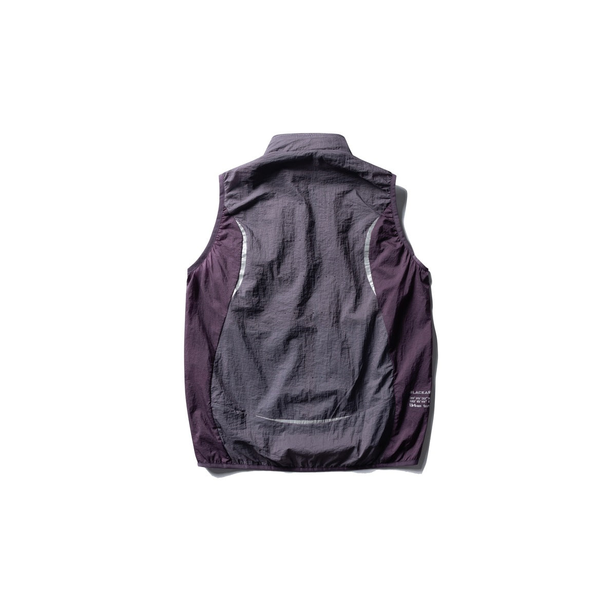Back view of a dark plum sleeveless vest with curved contrasting side panels and small white lettering near the hem.