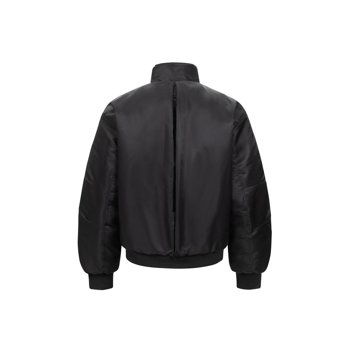 Back view of a black bomber jacket with a stand collar, long sleeves, and ribbed cuffs and hem.