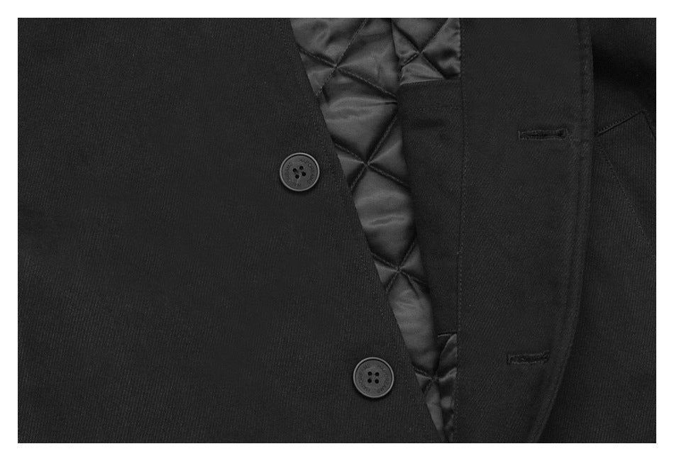 Close-up of a black coat’s buttoned front and quilted lining beneath the lapel.