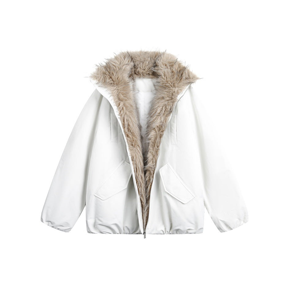 Front view of a white zip-front jacket with a large taupe faux-fur collar and two flap pockets.