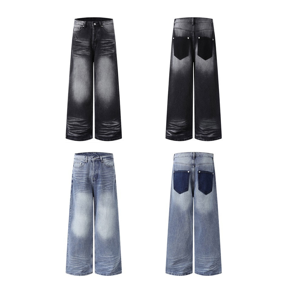 Front and back views of black and blue wide-leg jeans showing contrast back patch pockets