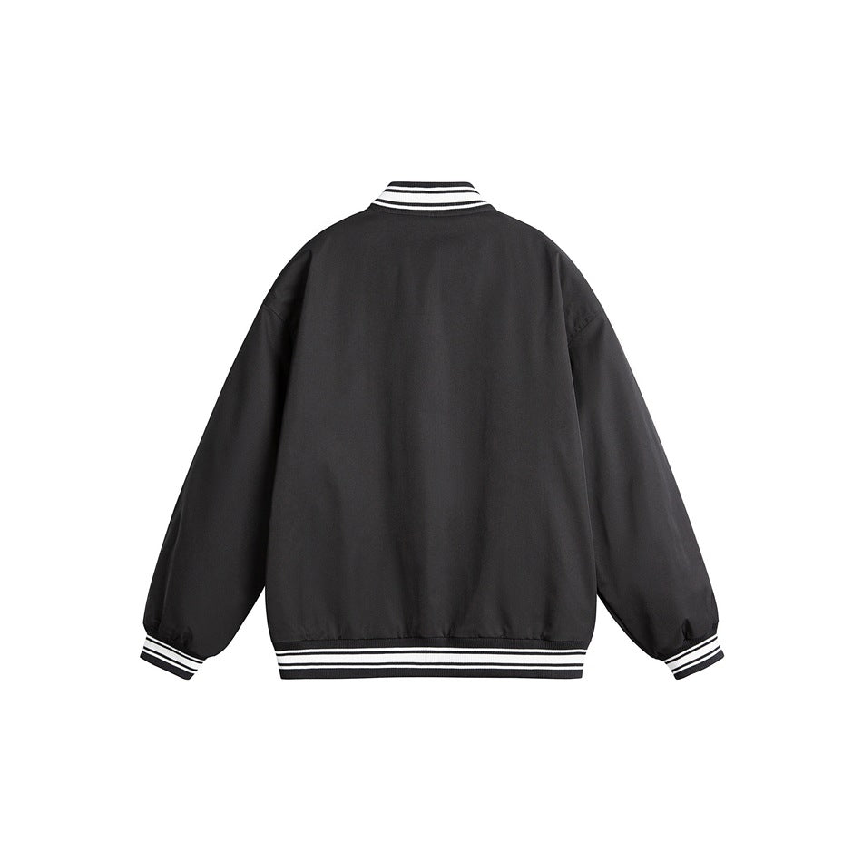 Back view of black varsity jacket with striped collar, cuffs and hem and plain back panel