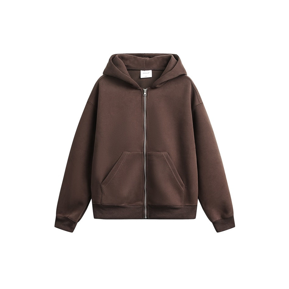 Front view of a plain dark brown zip-up hoodie with a hood, front pockets, long sleeves, and ribbed cuffs and hem.