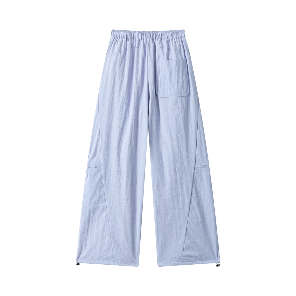 Light purple wide-leg pants, back view, with elastic waist, back patch pocket and drawcord hems