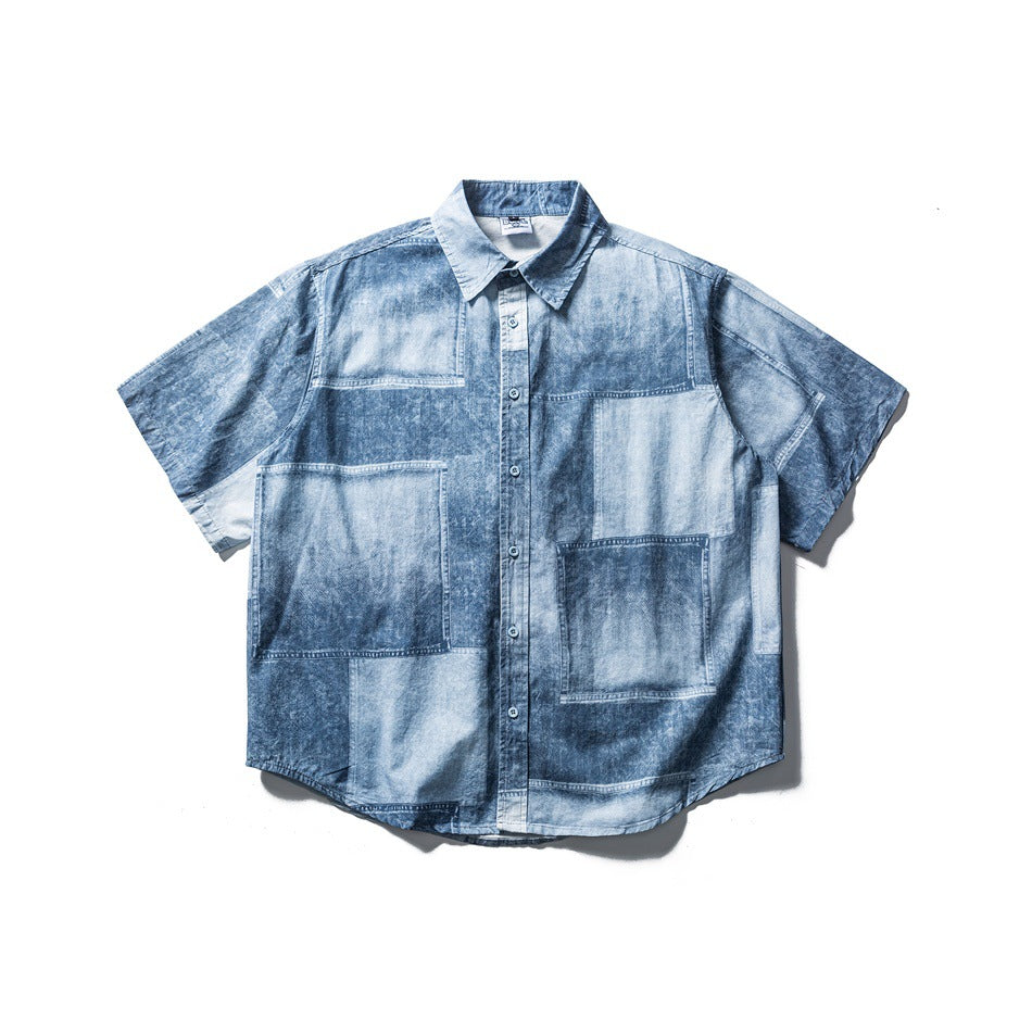 Blue patchwork denim-look short-sleeve button-up shirt, flat lay front view