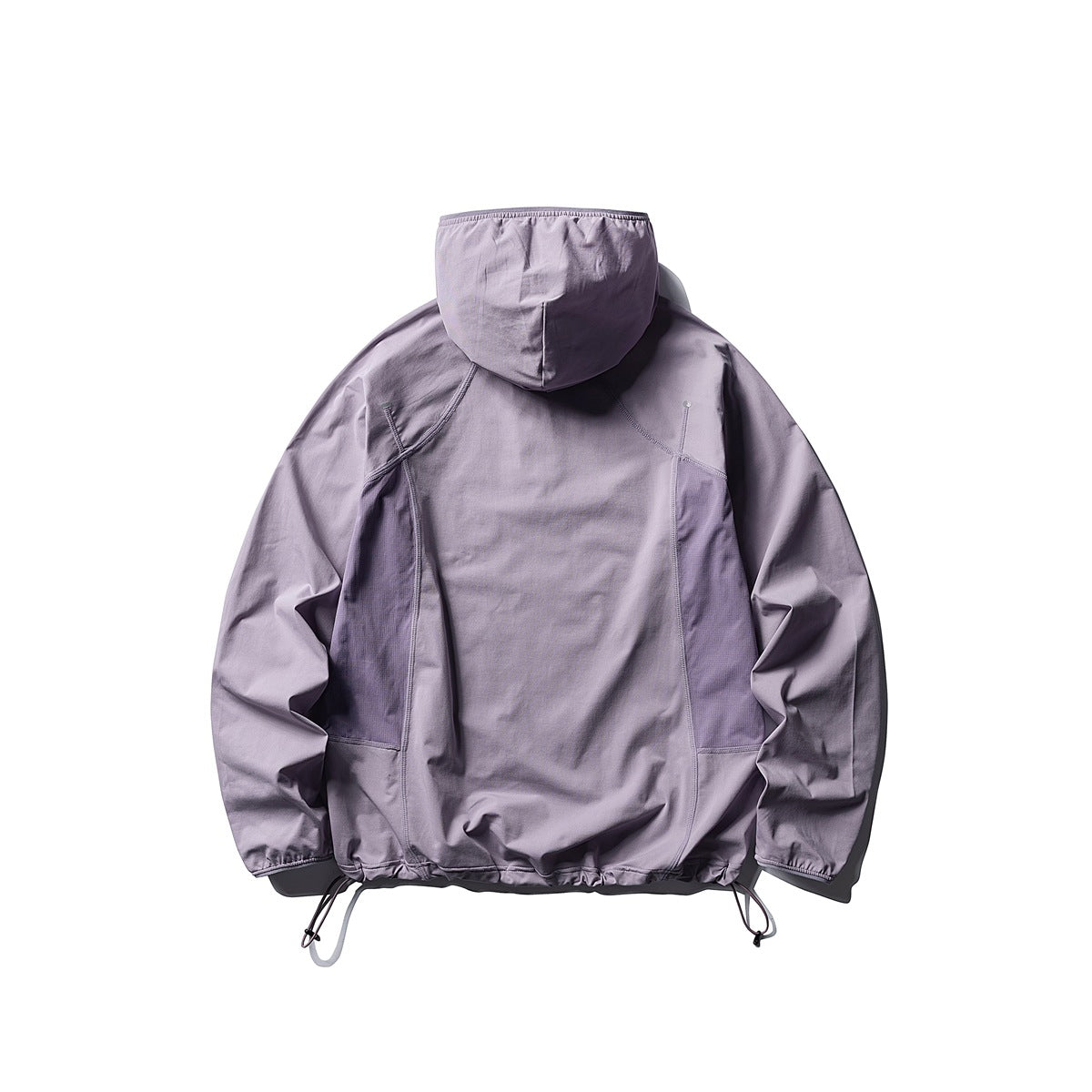 Back view of a light lavender hooded jacket with curved seams and adjustable drawcord hem, laid flat on white.