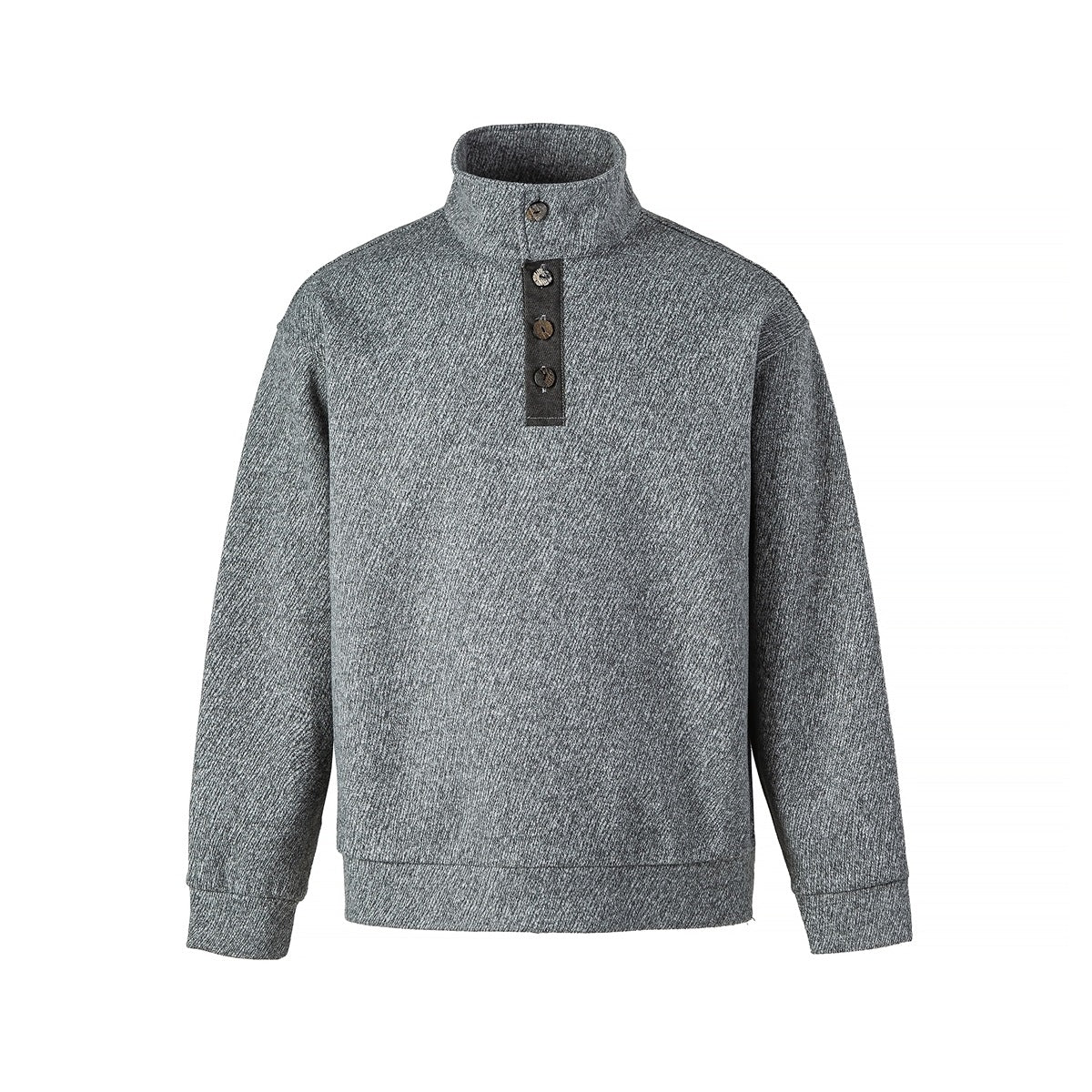Heather gray pullover with stand collar, three-button placket, ribbed cuffs and hem, front view on white background
