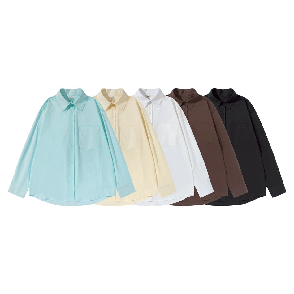 Five long-sleeved button-up shirts with chest pockets shown from the front in aqua, cream, white, brown, and black.
