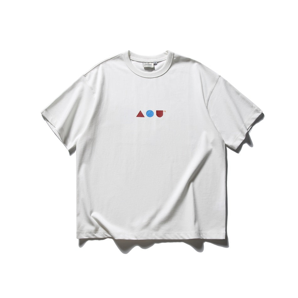 White short-sleeve T-shirt laid flat, with a small red and blue geometric chest graphic.