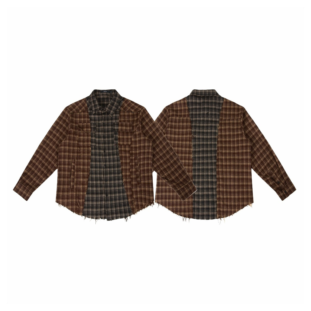 Front and back views of a long-sleeve patchwork plaid shirt in brown and charcoal, with raw-cut hems.