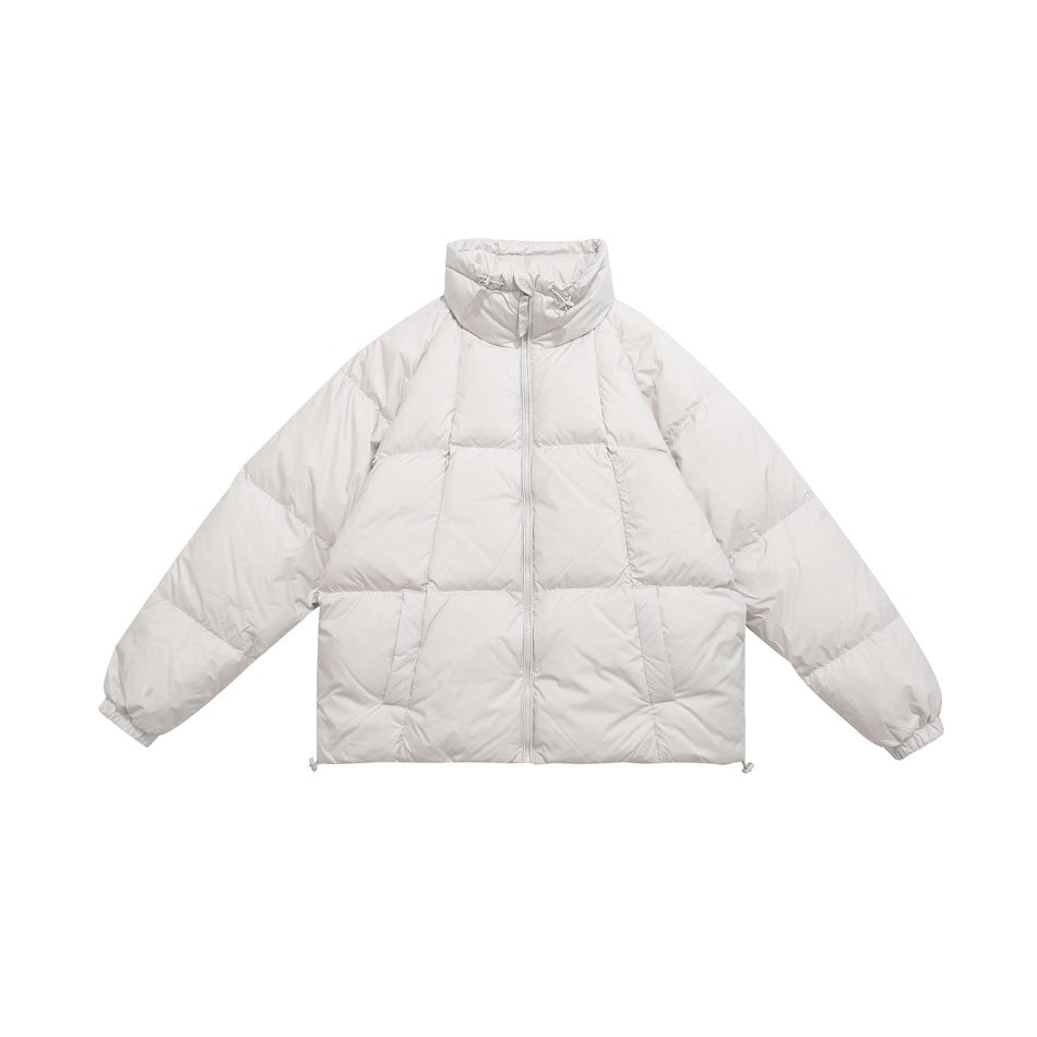 Off-white quilted puffer jacket with stand collar, zipper and hem drawcords, flat front view