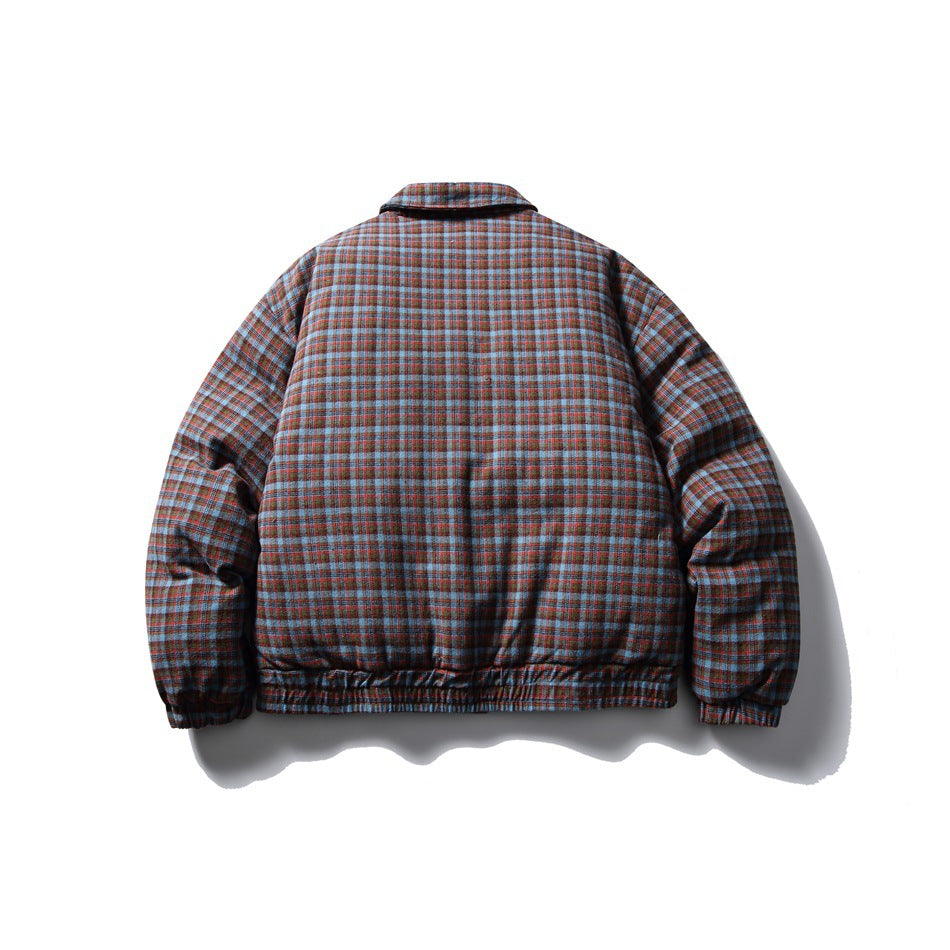 Back view of a plaid jacket with a folded collar, long sleeves, elastic cuffs and gathered hem.