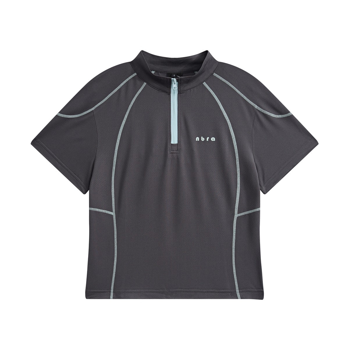 Dark gray short-sleeve half-zip top with light blue contrast stitching and zipper, flat front view