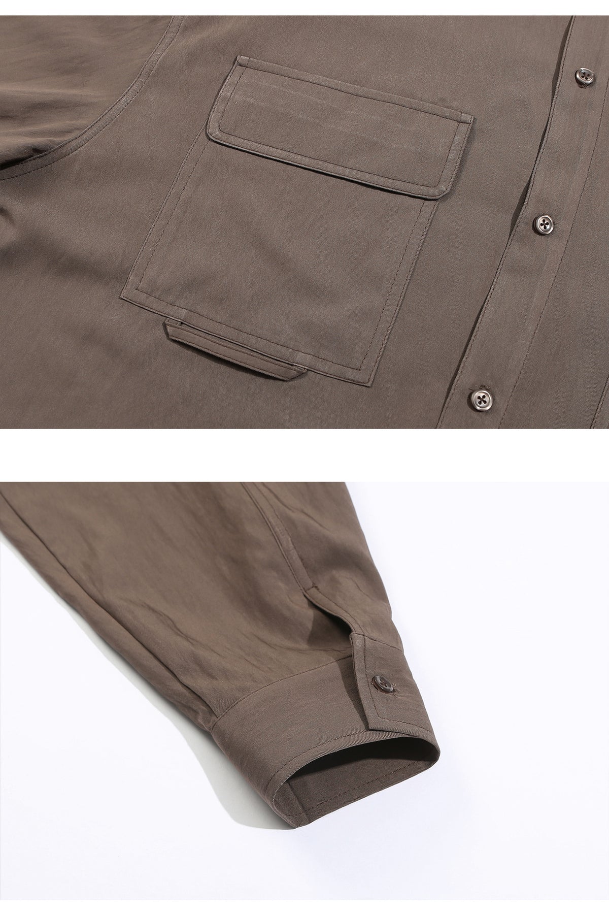 Close-up of a taupe-brown button-up shirt showing a flap chest pocket, buttons, and buttoned sleeve cuff.