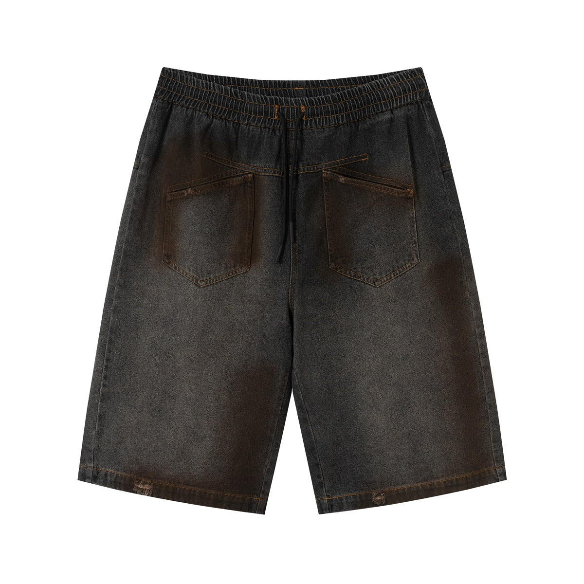 Faded dark denim knee-length shorts with elastic drawstring waist, brown sprayed wash and distressed hems, flat lay