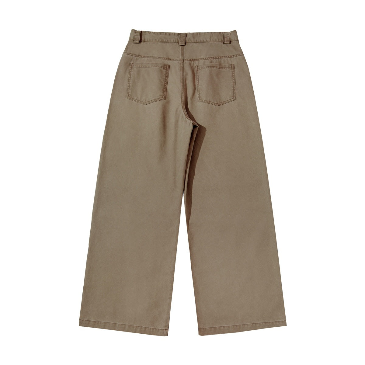Khaki wide-leg pants, back flat lay, with two patch pockets and belt loops