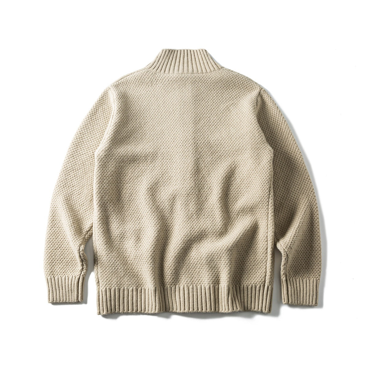 Back view of a beige knit cardigan with a ribbed stand collar, cuffs, and hem.