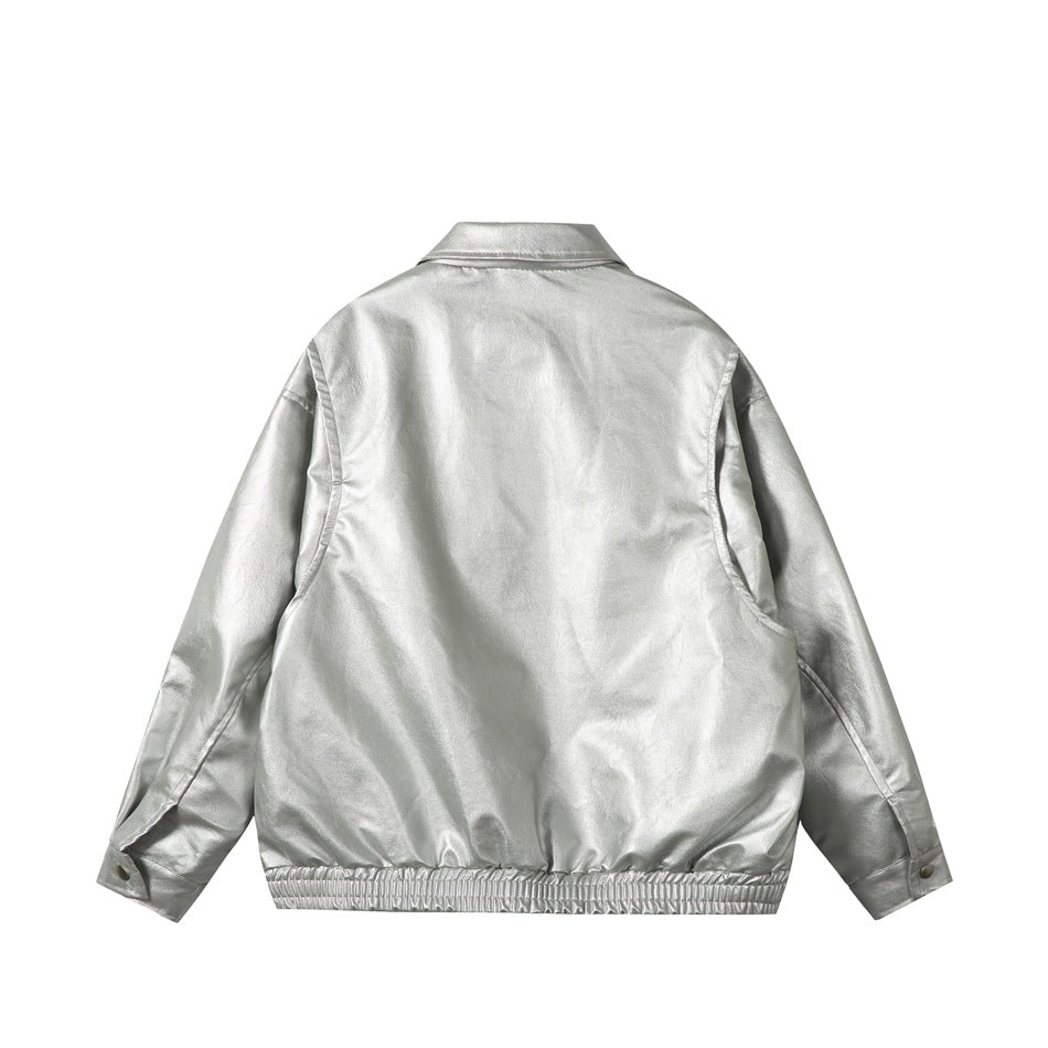 Back view of silver leather-look jacket with collar, elastic hem and button cuff tabs, flat view