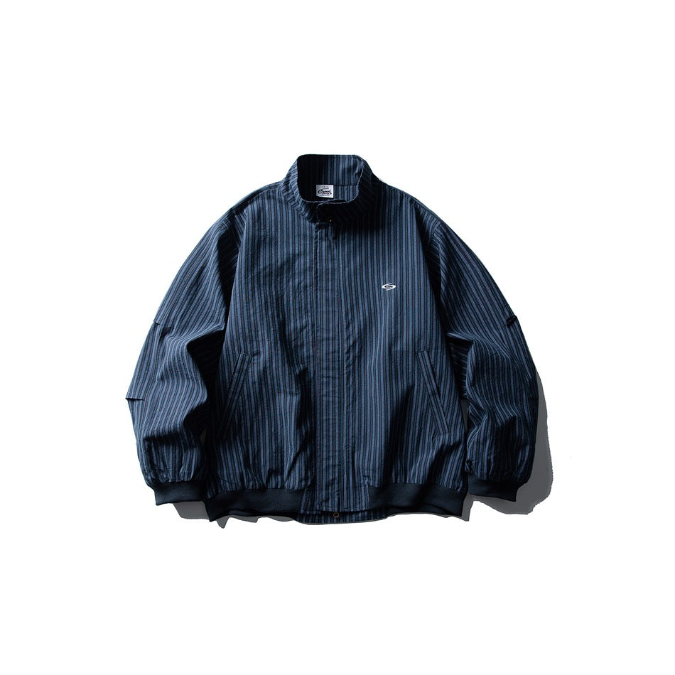 Dark blue striped Harrington-style jacket with stand collar, front zip, ribbed cuffs and hem, flat lay front view