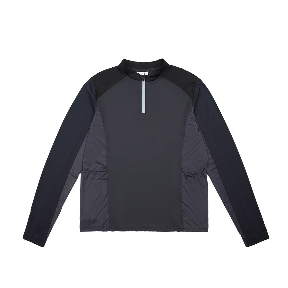 Charcoal and black color-block quarter-zip long-sleeve top, flat front view