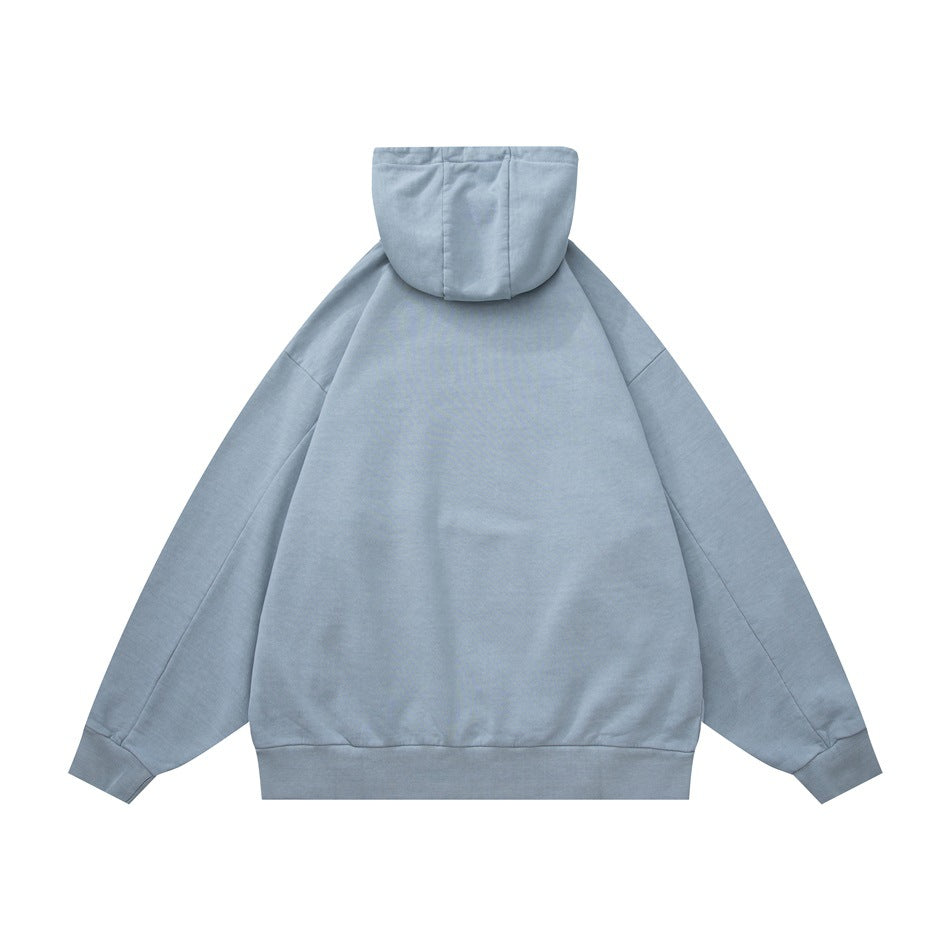 Light blue pullover hoodie, back flat lay, showing the hood, plain back and ribbed cuffs and hem