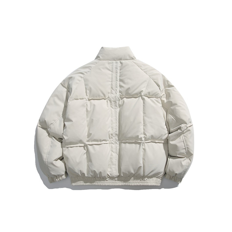 Back view of an off-white padded jacket with a high collar, panel stitching, and elastic cuffs and hem.