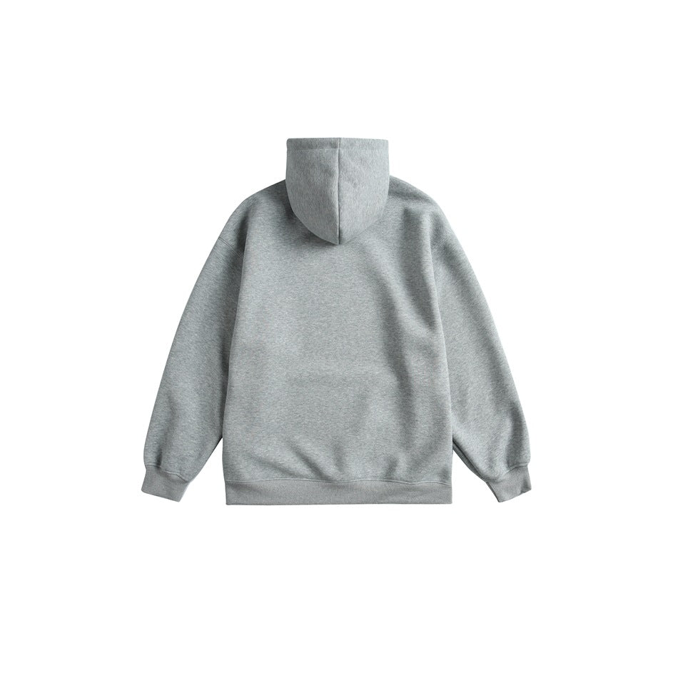 Back view of a heather-gray hoodie with a hood, long sleeves, ribbed cuffs, and ribbed hem.