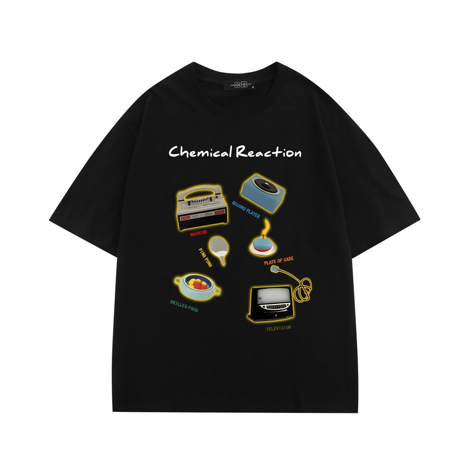 Black short-sleeve crew-neck T-shirt with Chemical Reaction retro objects graphic on the chest