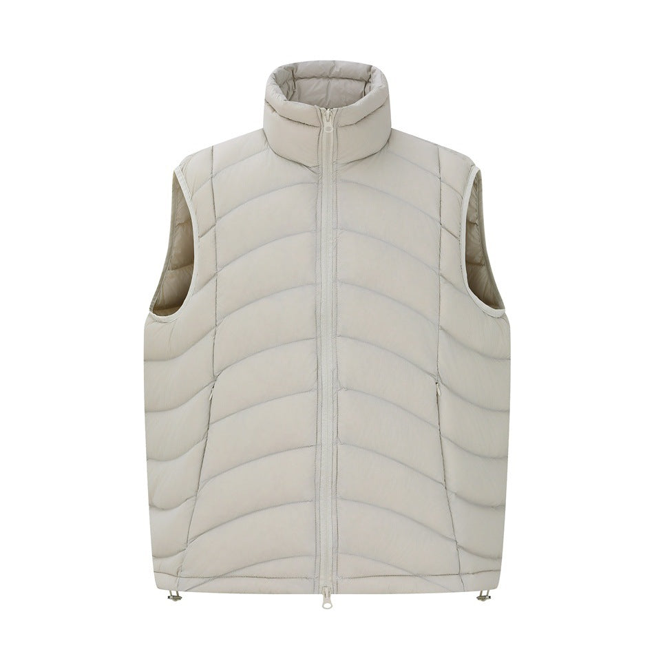 Light stone gray quilted stand-collar zip vest, front view, with wavy channels and hem toggles