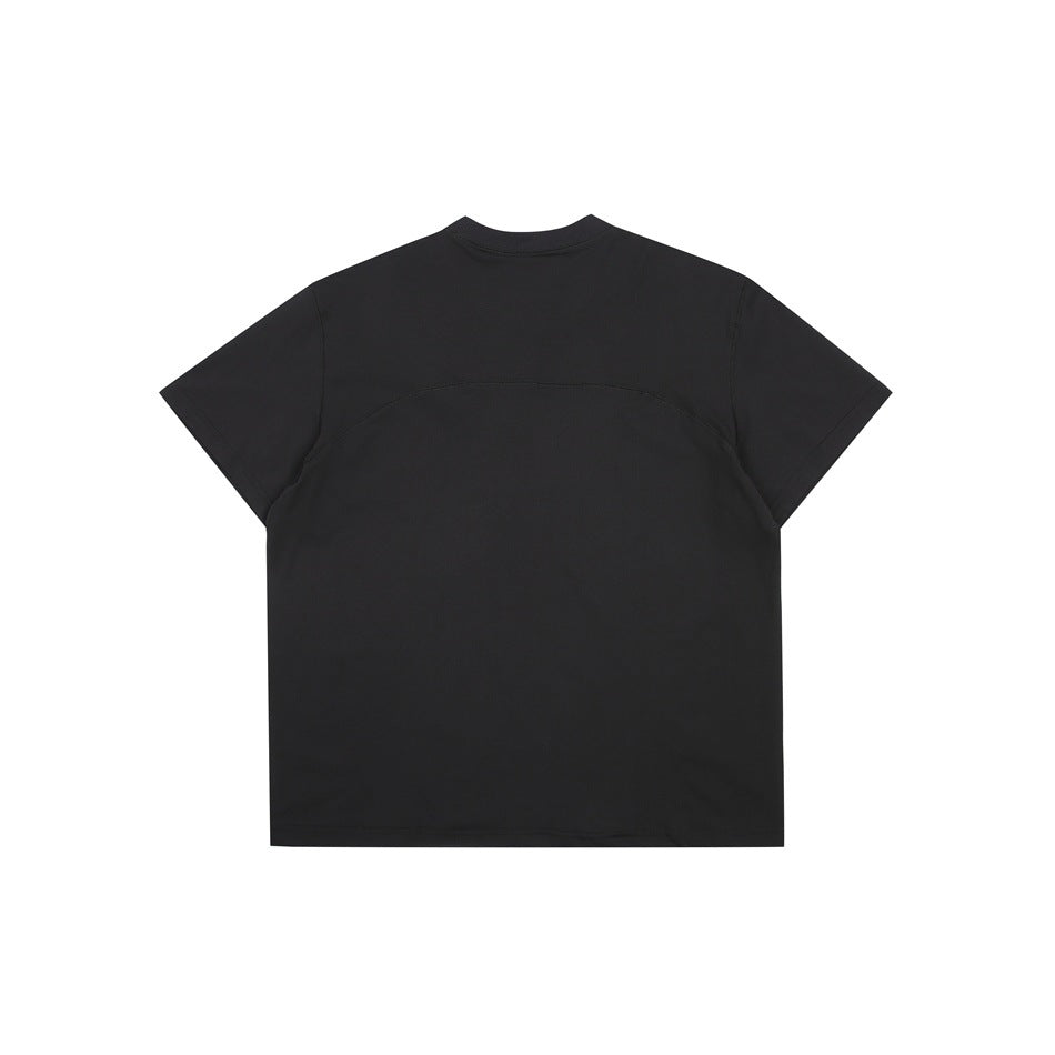 Back view of a plain black short-sleeve crew-neck T-shirt with curved seam detailing.