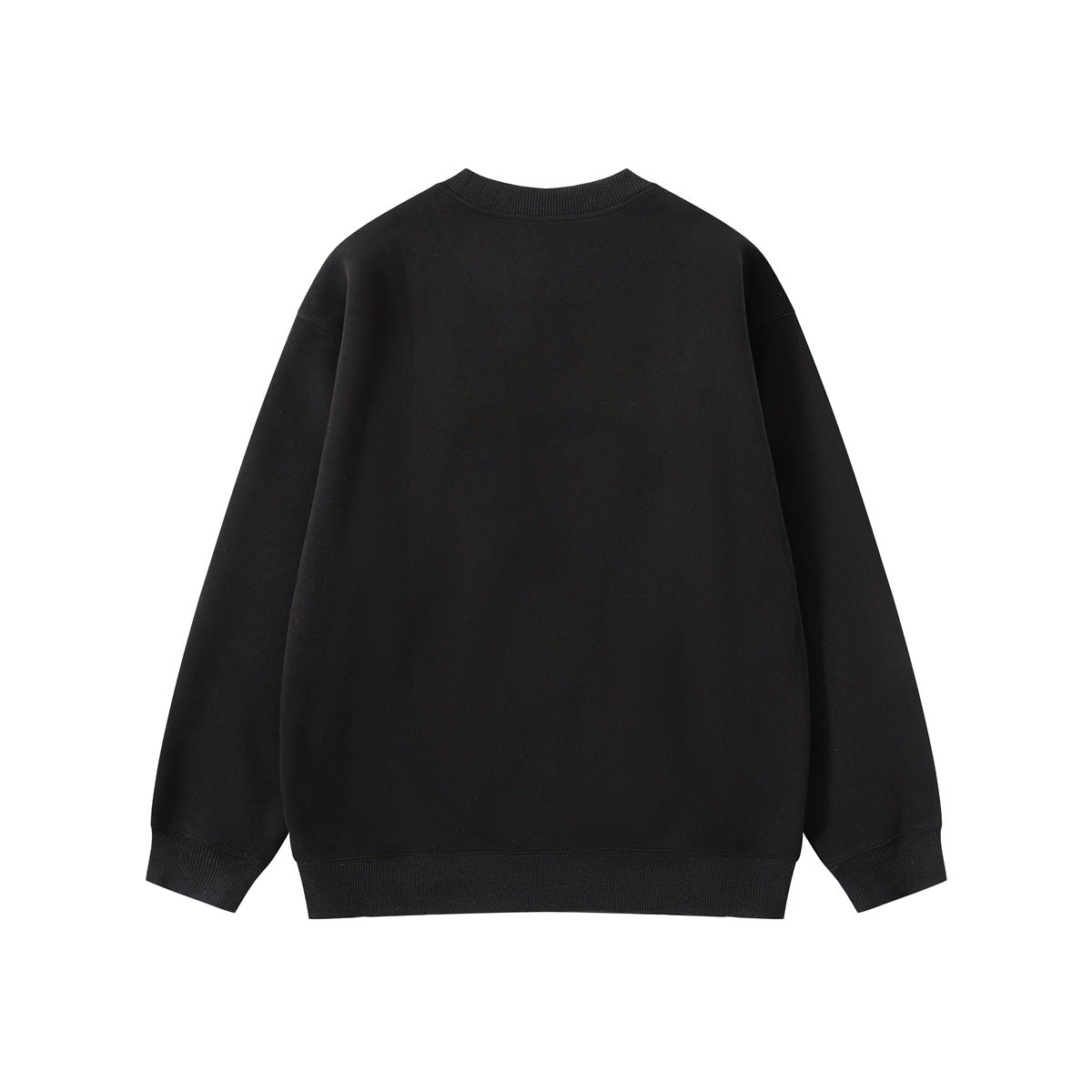 Full rear view of a plain black crewneck sweatshirt with long sleeves and ribbed cuffs and hem.
