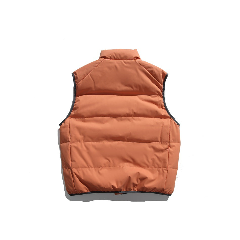 Back view of a rust-orange quilted puffer vest with a high collar and dark edging, on white.