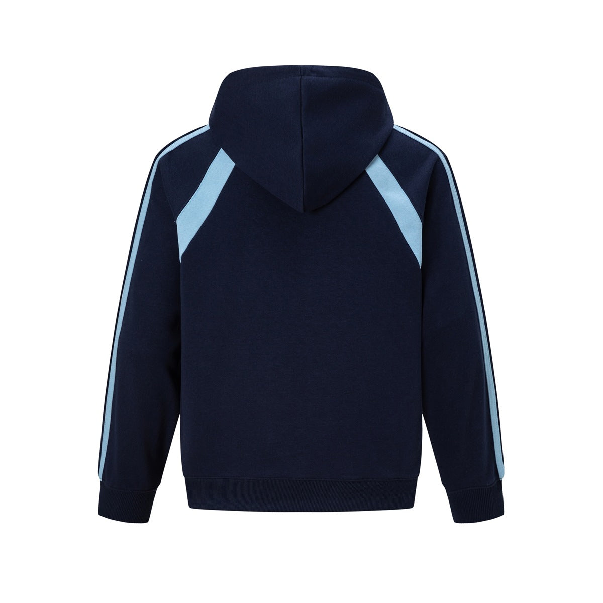 Back view of navy blue hoodie with hood, light blue shoulder panels and light blue sleeve stripes, plain back