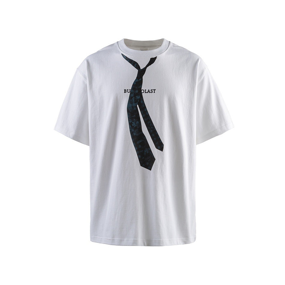 White short-sleeve crew-neck T-shirt with a dark teal printed necktie graphic on the front, flat front view